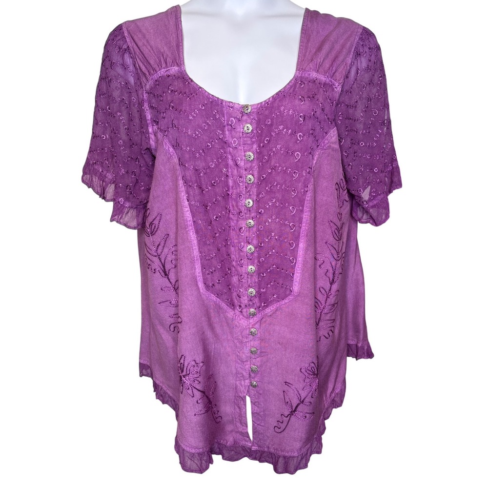 Roaman's Womens Purple Embroidered Button Front Blouse Sz 18W Boho Peasant Femme